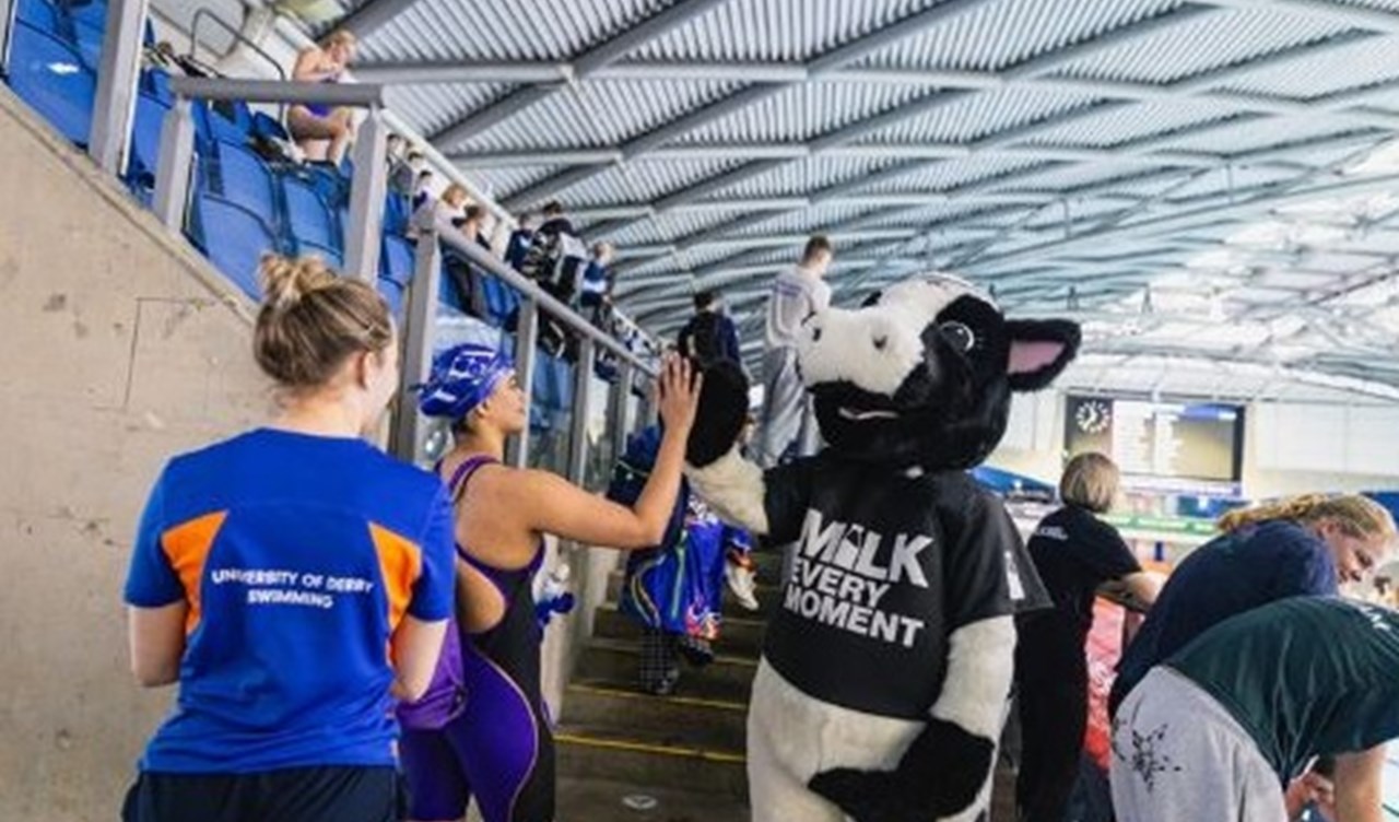 Cow mascot wearing a Milk Every Moment shirt high fives swimmers at an indoor event.
